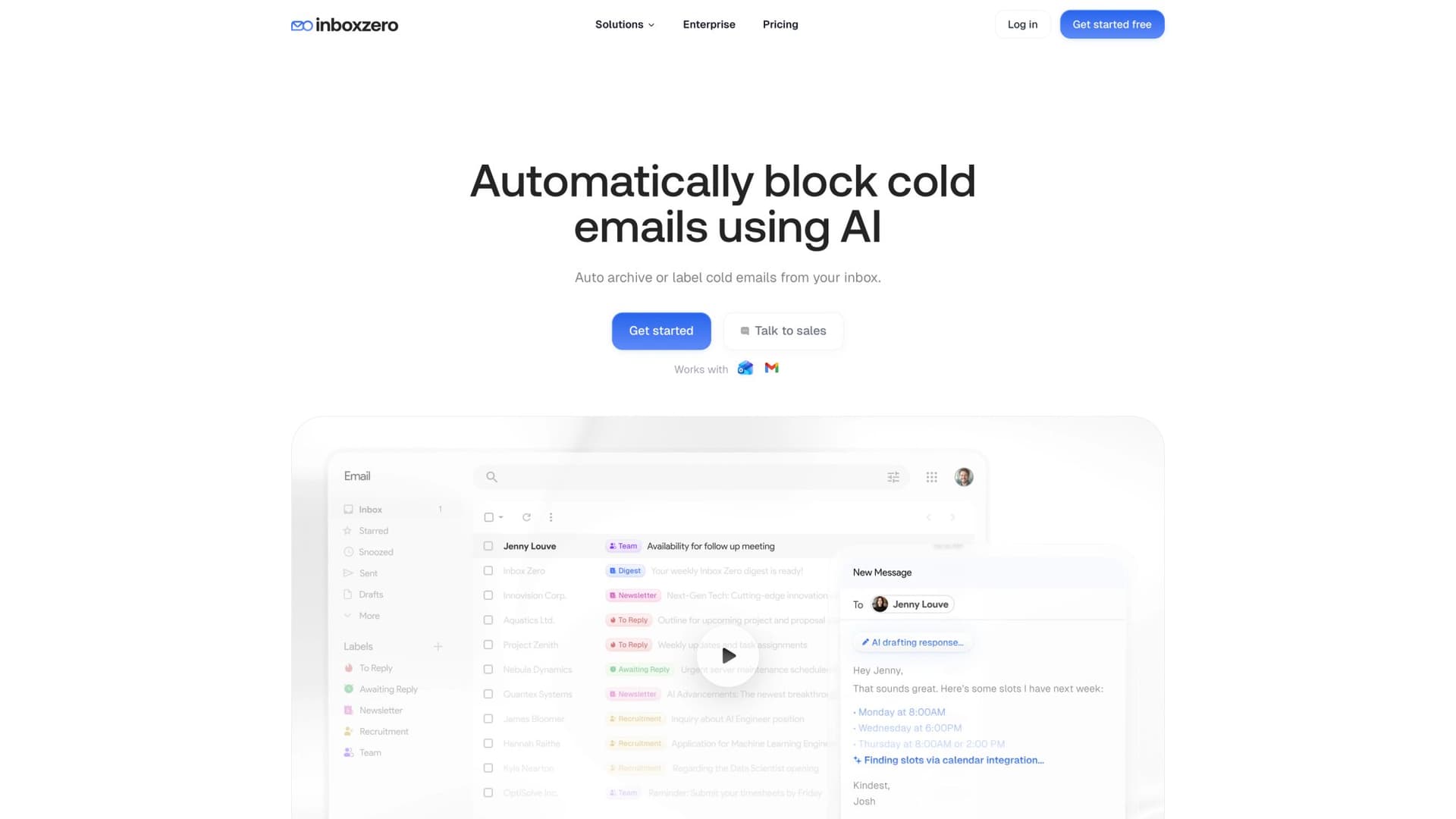 Inbox Zero Cold Email Blocker feature page showing automated cold email filtering