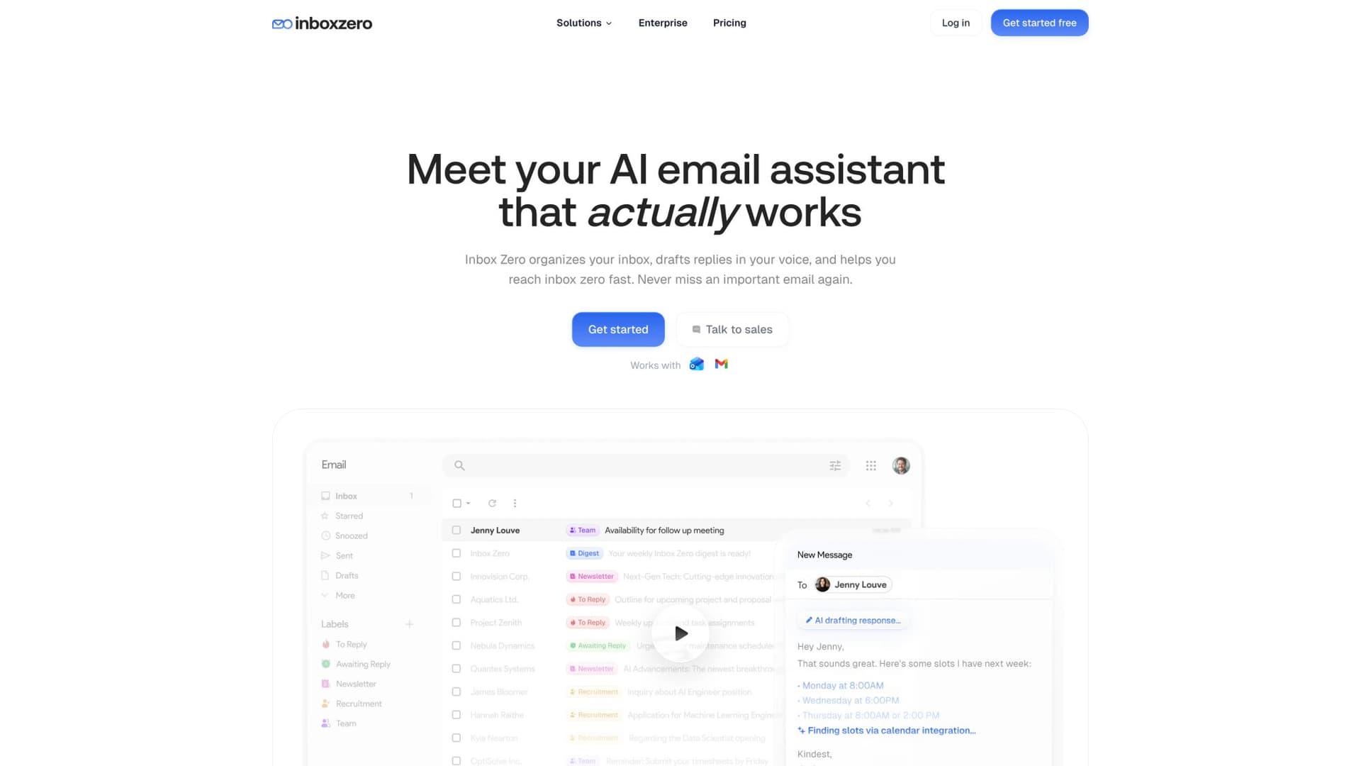 Inbox Zero homepage showing AI email assistant features including Reply Zero, bulk unsubscriber, and cold email blocking