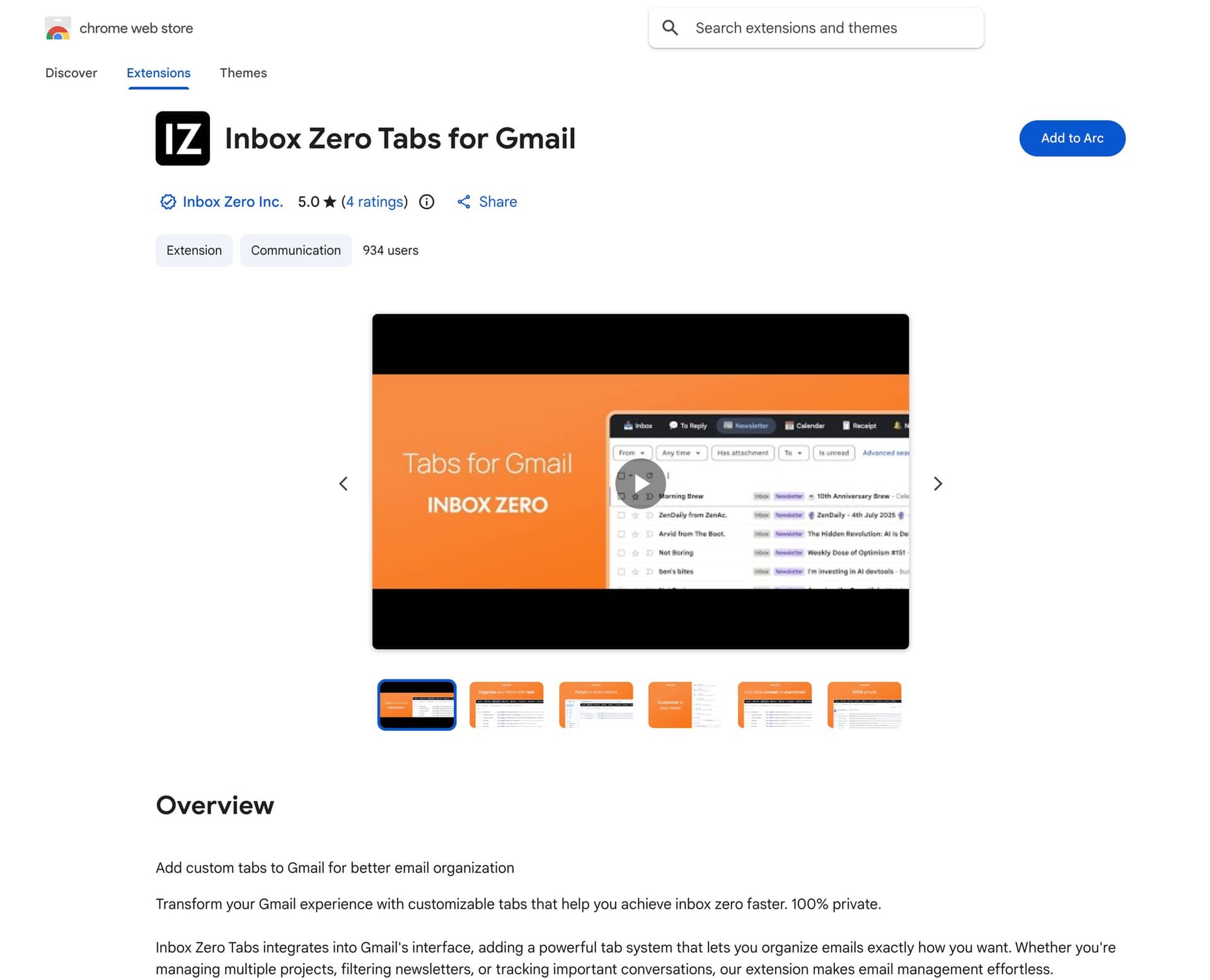 Screenshot of Chrome Web Store page for Inbox Zero Tabs for Gmail extension with video preview and details.