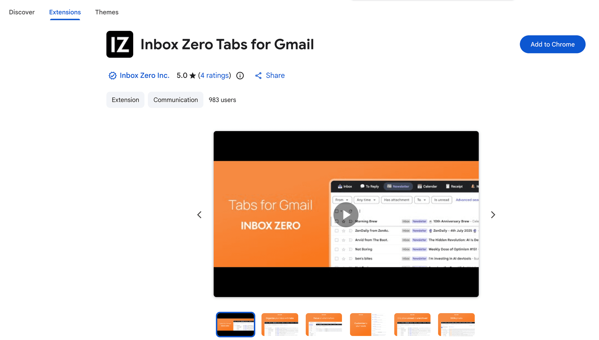 Inbox Zero Tabs for Gmail Chrome extension listing showing 100% privacy guarantee and local storage claims