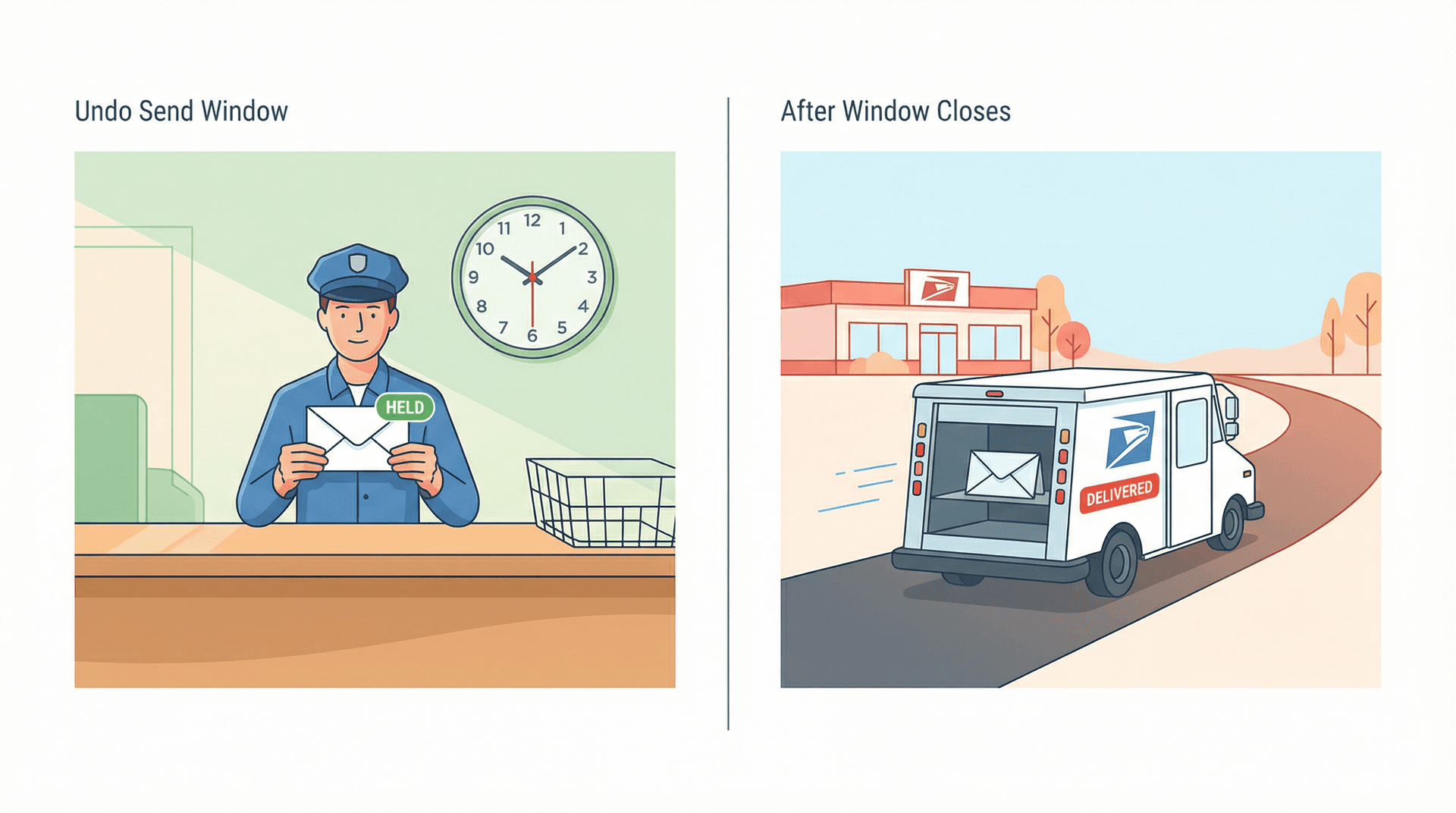 Gmail Undo Send as postal metaphor: letter held at post office counter vs. mail truck already driving away, email gone