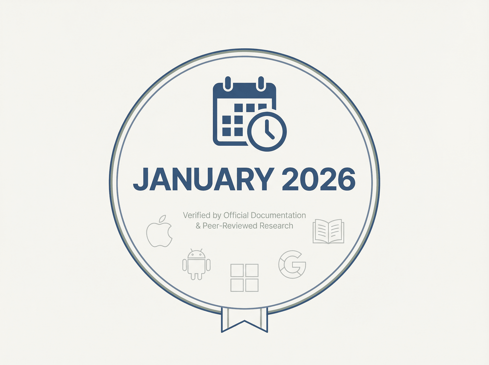 Credibility badge showing January 2026 currency with logos from Apple, Android, Microsoft, Google, and research institutions, verifying authoritative sourcing
