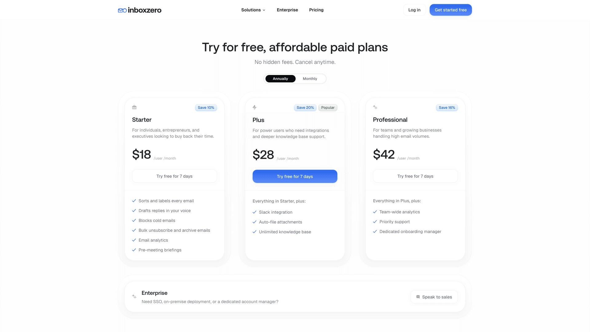 Inbox Zero pricing page showing Starter at $18/user/month, Plus at $28/user/month, and Professional at $42/user/month — all with 7-day free trial