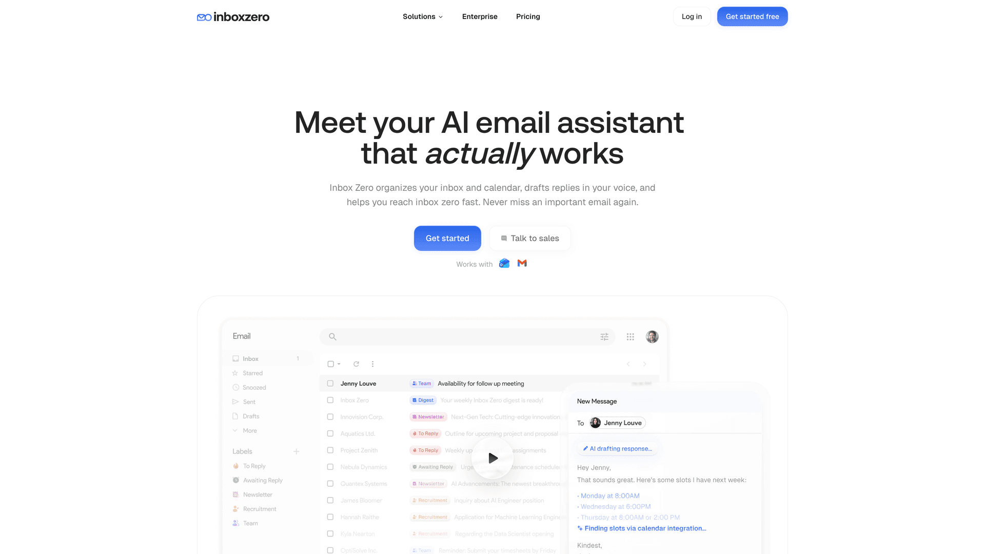 Inbox Zero homepage showing the AI email assistant interface with Gmail inbox, reply drafts, and smart labels — "Meet your AI email assistant that actually works"