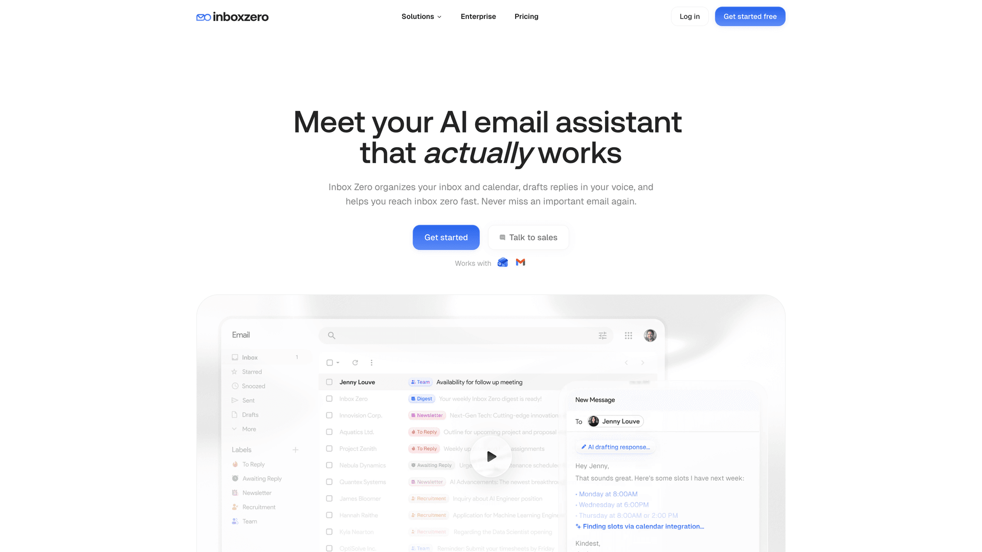Inbox Zero homepage showing AI email assistant headline and product inbox UI with To Reply and Awaiting Reply label organization