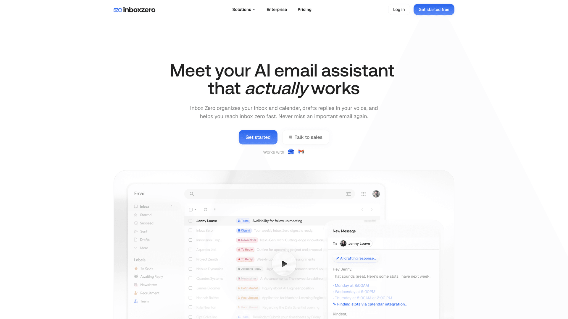 Inbox Zero homepage showing the AI email assistant product UI with Gmail integration, labels sidebar, and "Get started free" CTA