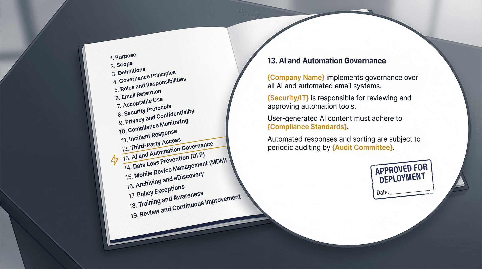 Enterprise email governance policy template showing 19 numbered sections with AI governance and approval seals on a formal document